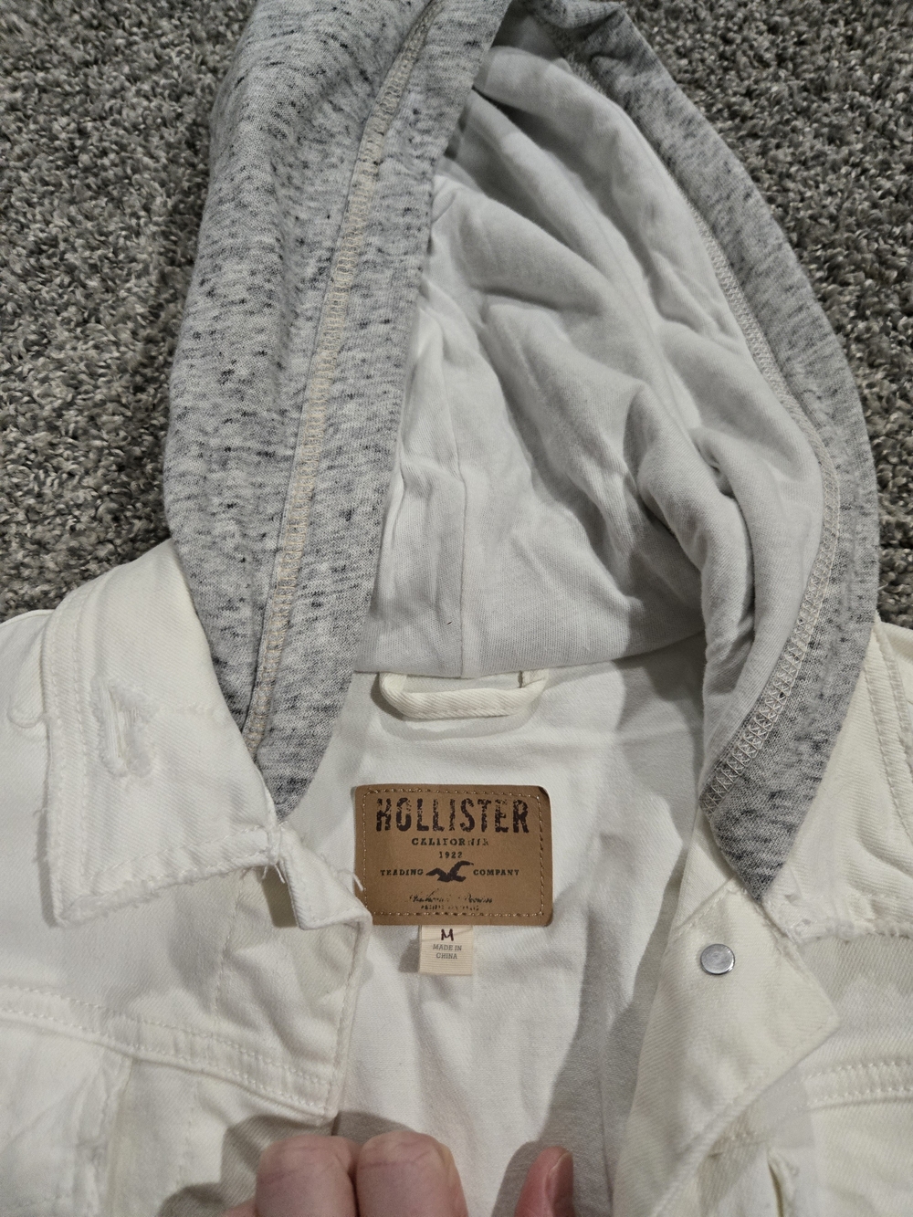 Hollister White Denim Jacket with Heather Gray Hoodie Sleeves - Picture 3 of 3